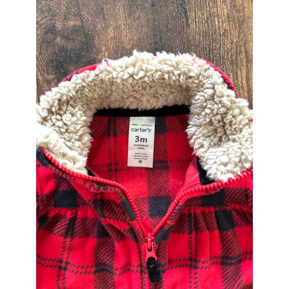 Carters Baby Girl Red Black Buffalo Plaid Fleece Vest Sherpa Collar Ruffle 3M - Picture 2 of 5